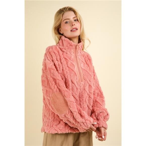 NWT ⭐  VERY J Fuzzy Fleece Half Zip Cable Pattern Sweatshirt, Cozy, Warm, Fall - Picture 4 of 4